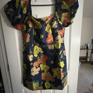 So Stunning Navy Blue Floral Jacquard Puff Sleeve Mini Dress